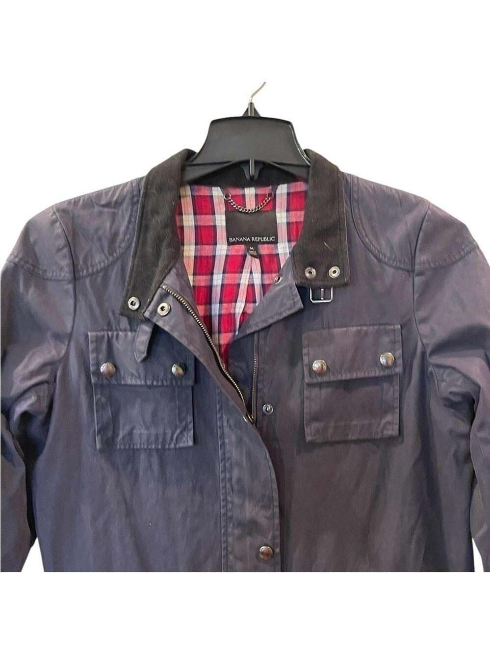Banana Republic Womens Jacket Blue Waxed Canvas Corduroy Collar Barn Coat Medium - Picture 4 of 7
